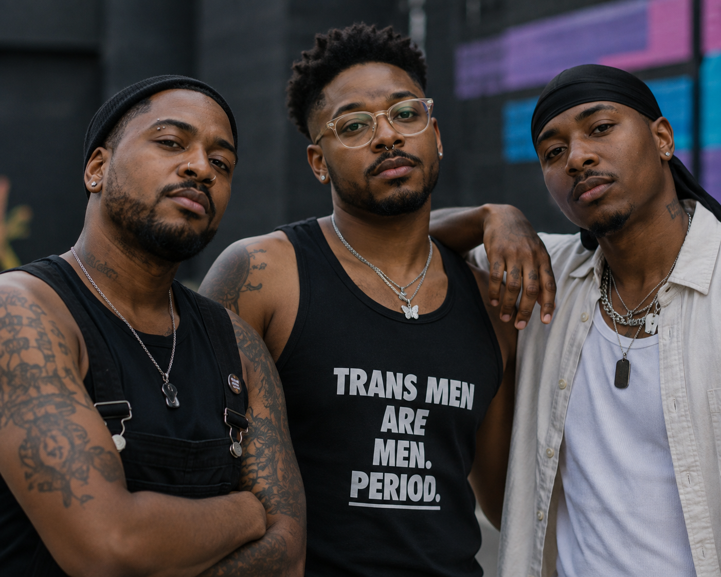 Three trans men standing together, one wearing a shirt reading trans men are men, period.